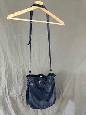 Classic Navy Leather Drawstring Crossbody Bag